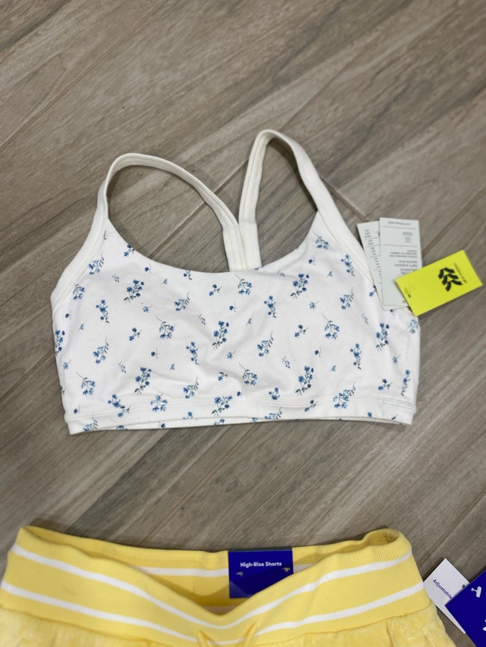 JoyLab White Floral Sports Bralette with Blue Blossoms & Yellow Terry Shorts - Picture 2 of 3